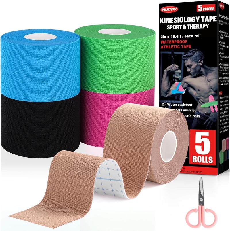 NUITPY 5 Rolls Kinesiology Tape, 5 Colors 2 inch x 16.4 Feet Waterproof Athletic Tape, Uncut Kinetic Tape, Elastic Muscle Tape, Sports Tape, Knee Tape for Exercise and Daily Use - Image 1